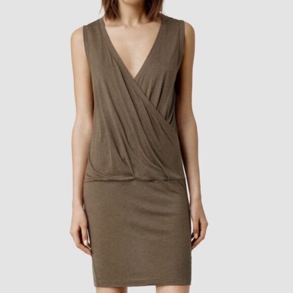 NWT All Saints Chocolate Kerin Mini Dress Surplice Blouson Sleeveless Size L - Picture 1 of 10